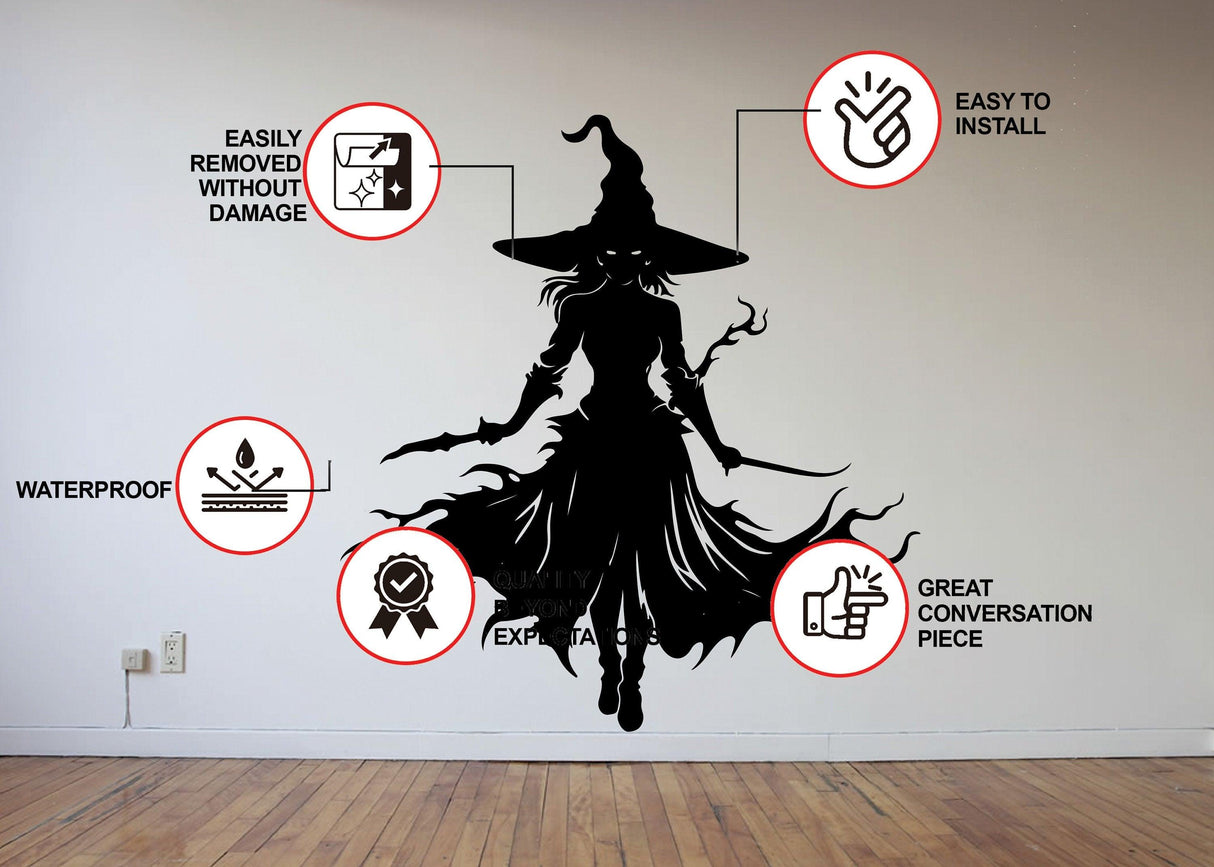 Knife-Wielding Warrior Witch Decal with installation features and design details showcased on a wall.