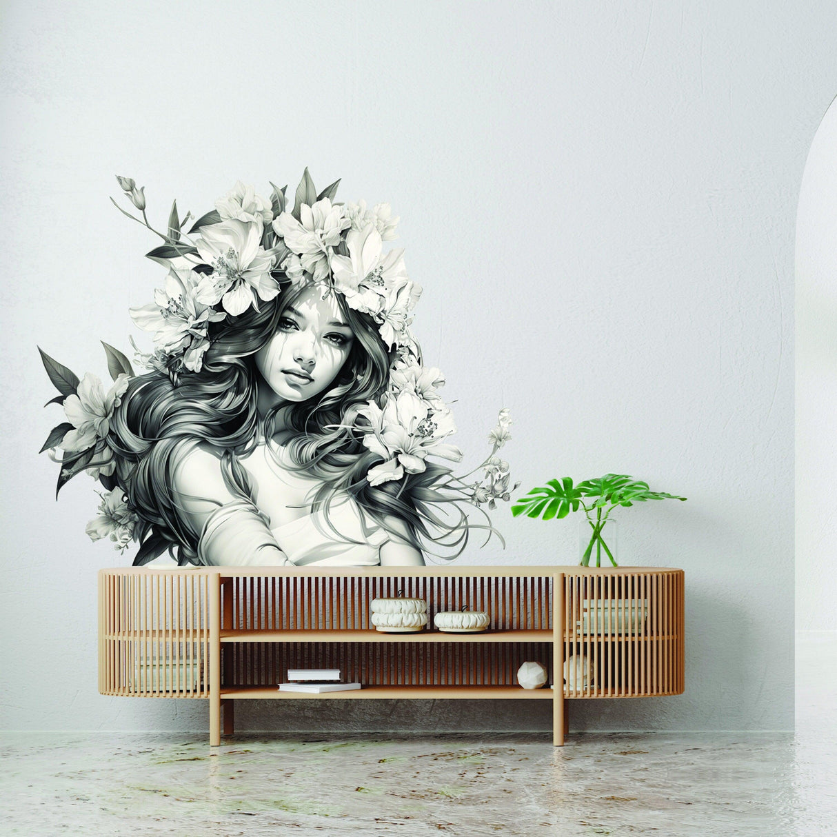 Elegant woman with floral hair wall decal in monochrome, enhancing modern interior decor.