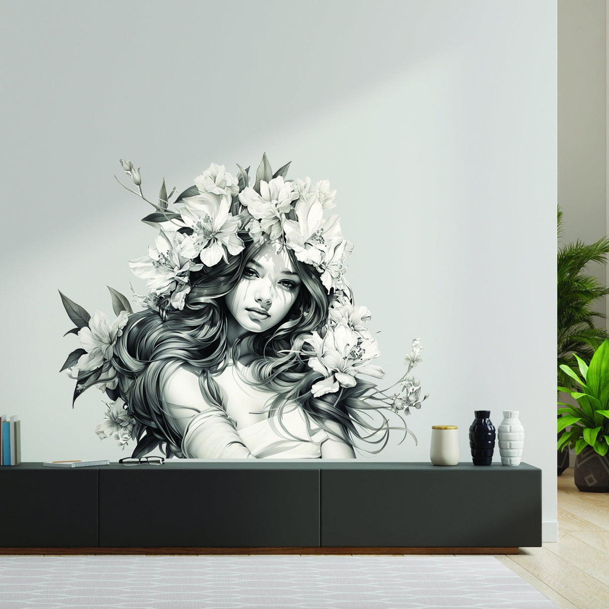 Elegant teen girl with floral hair wall decal in a modern interior setting, black and white vinyl mural art.