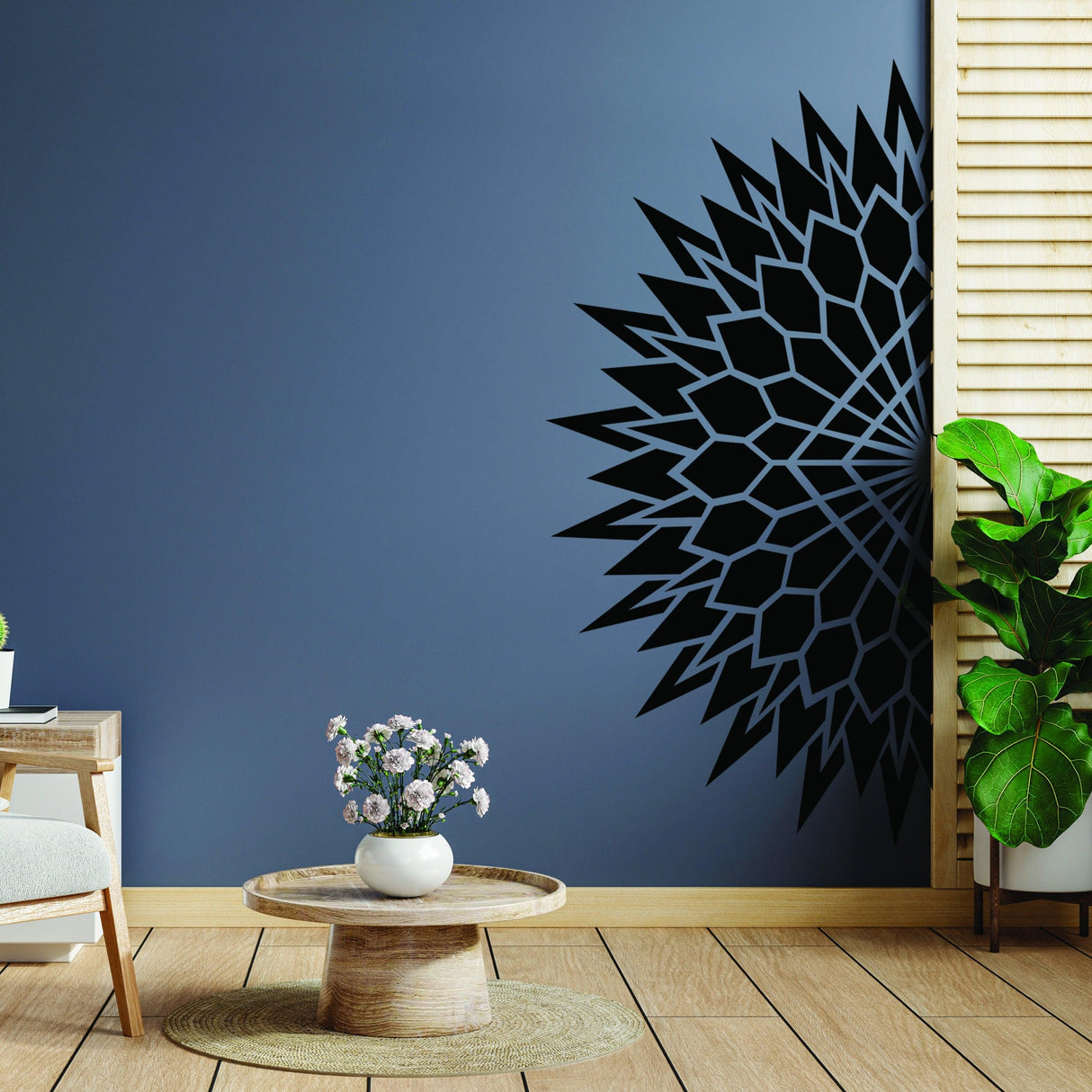 Half geometric mandala wall corner decal in modern living room with plants and wooden furniture.