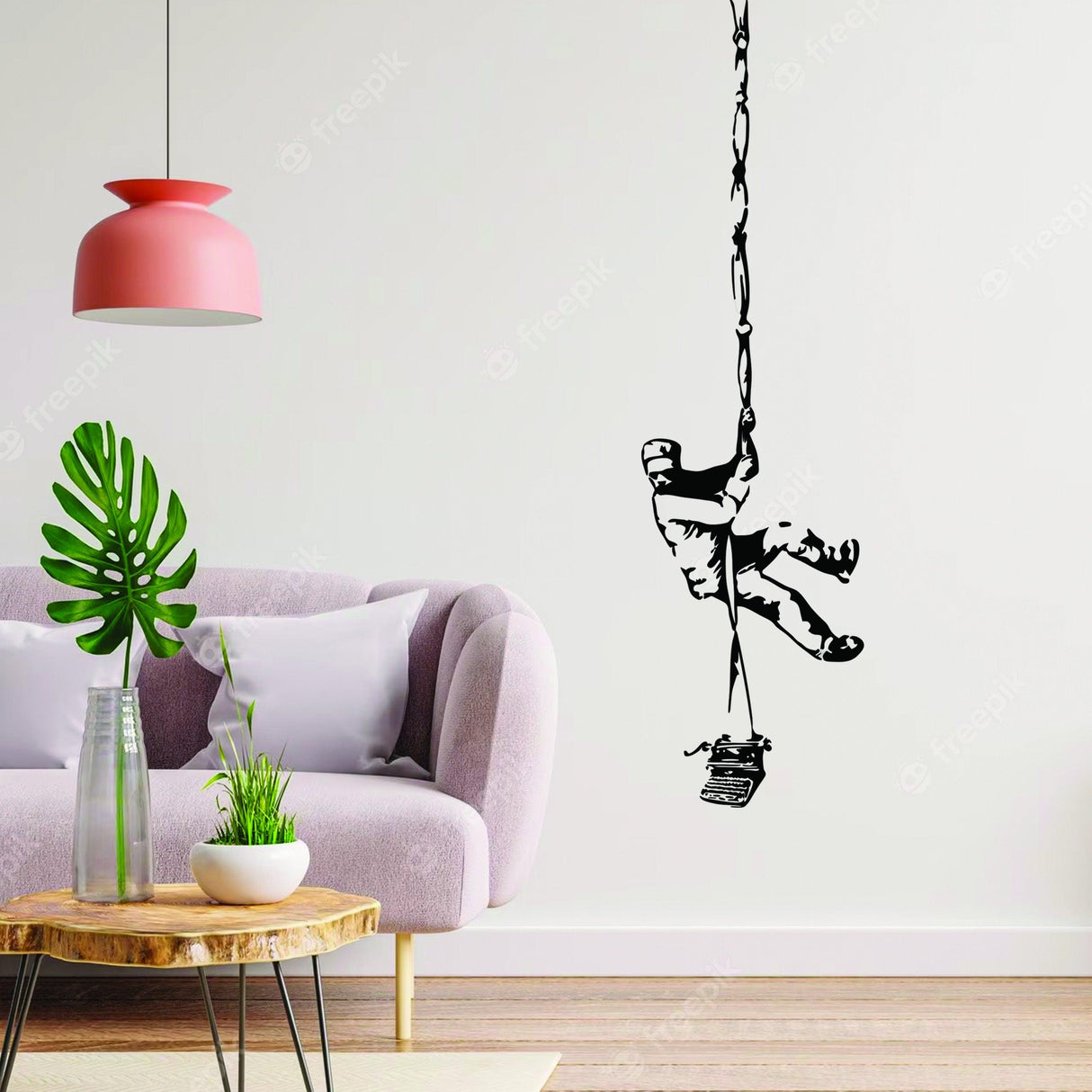 Banksy Prisoner Escape Wall Decal featuring a graffiti-style figure hanging in a stylish living room.