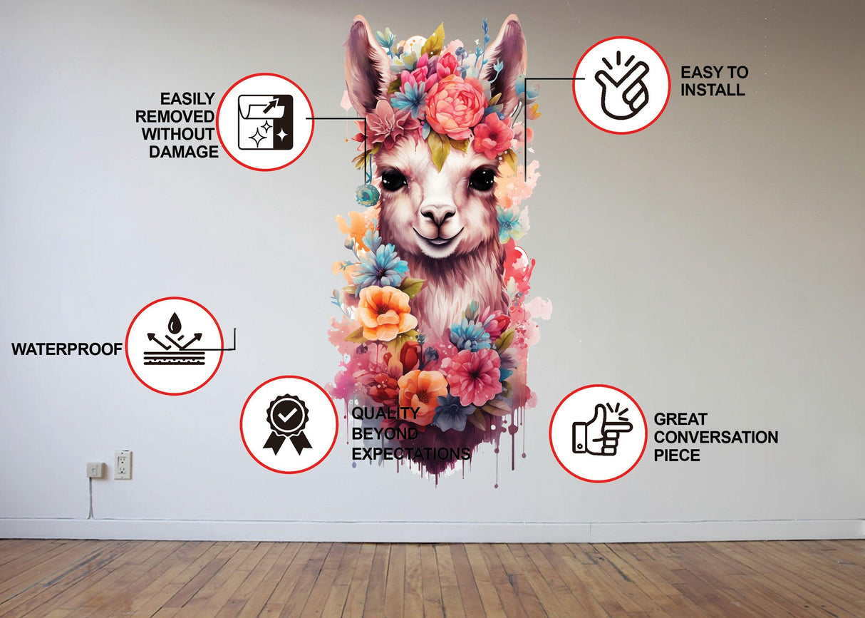 Cute baby lama nursery wall decal featuring flowers and installation features, perfect for kids' room decor.