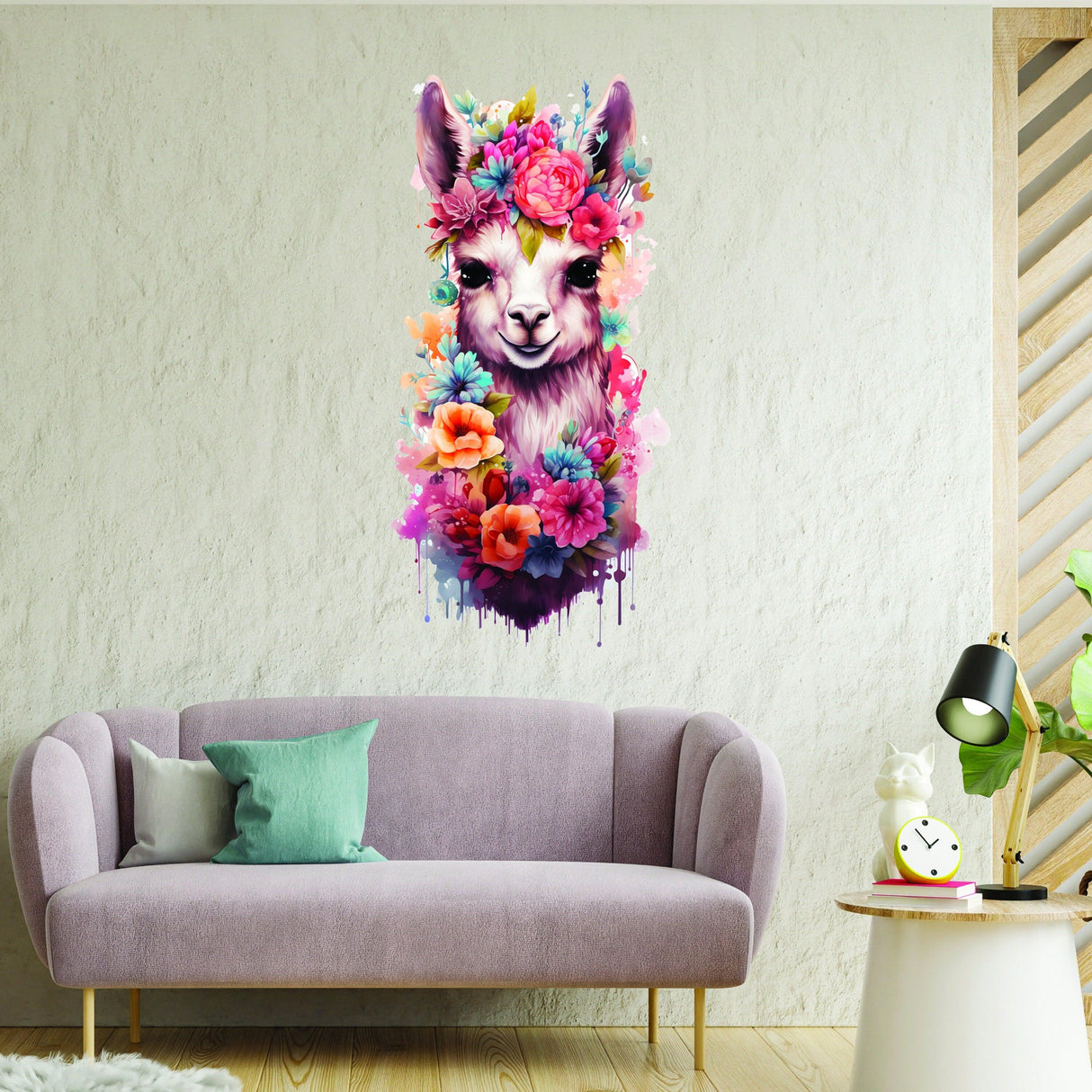 Cute baby lama wall decal with flowers, vibrant decor for kids room above a cozy sofa.