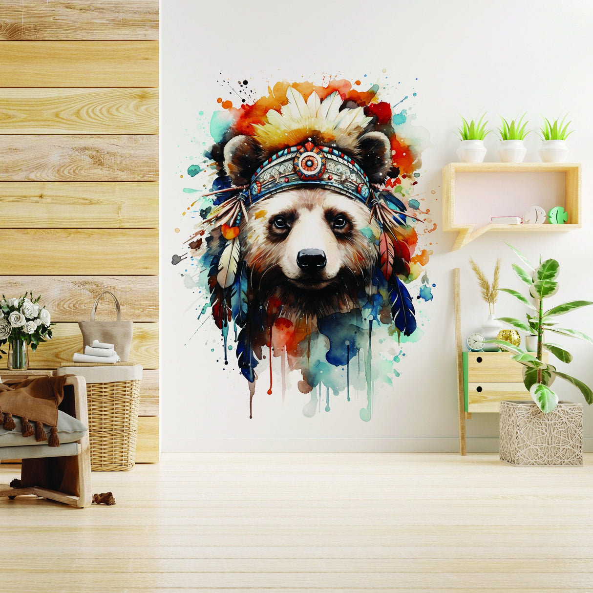 Watercolor baby panda wall art with Indian feather hat, perfect for kids' safari-themed room decor.