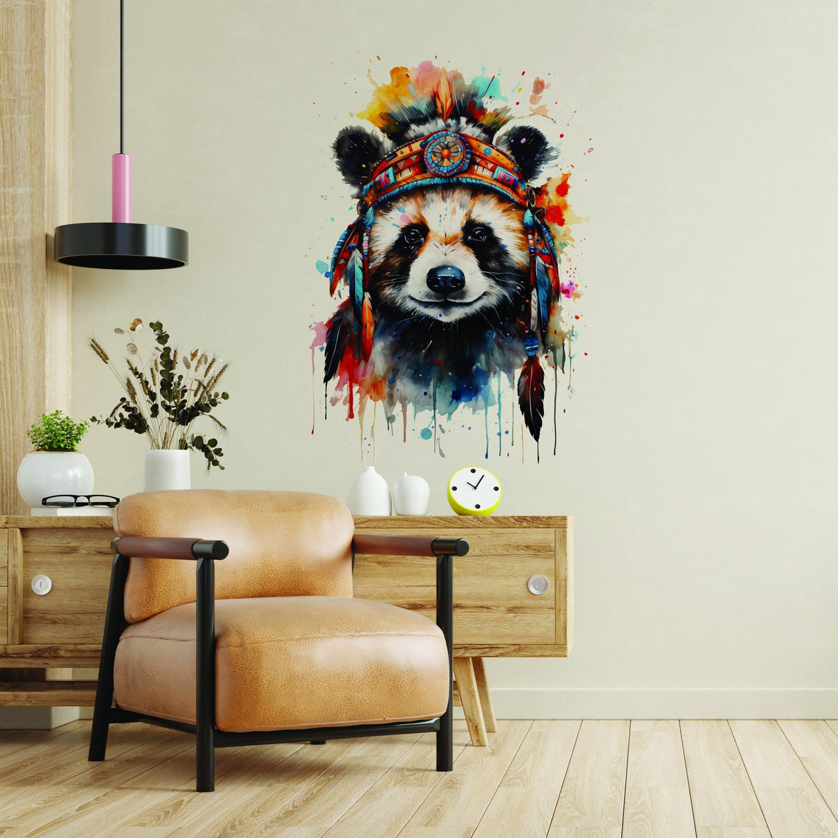 Colorful panda wall decal with headdress above a cozy chair in a modern nursery setting.