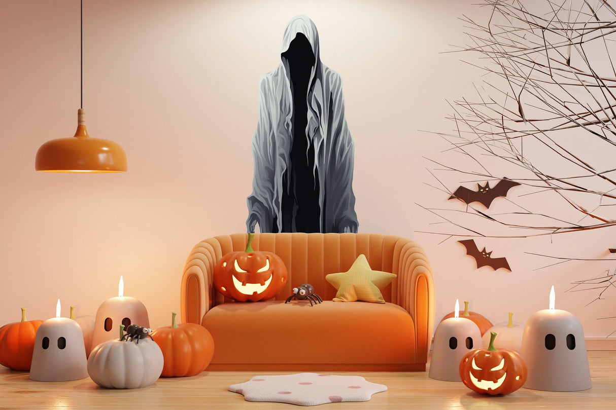 Halloween ghoul wall decal in living room with pumpkins and spooky decor.