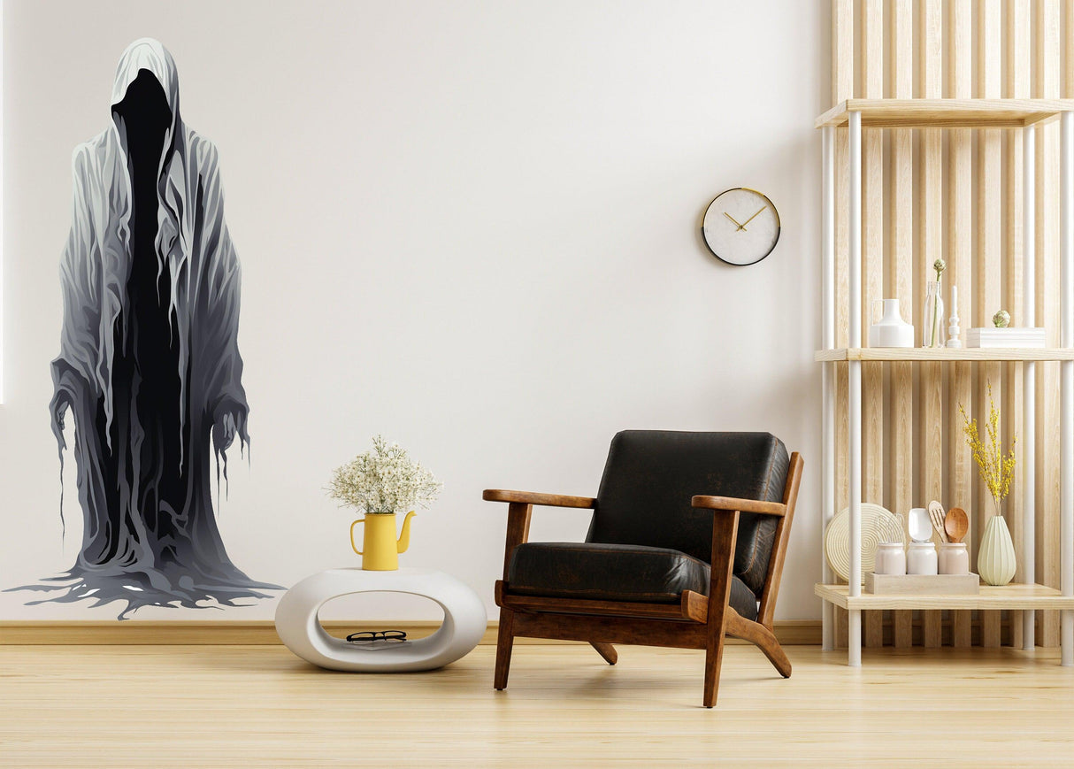 Creepy Halloween ghoul wall decal silhouette in a modern living room decor setting.