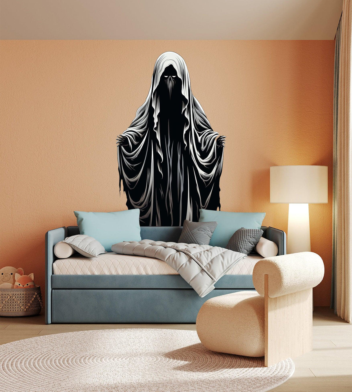 Halloween Haunting Ghoul Wall Art Decal featuring a shadowy human monster sticker on a living room wall.