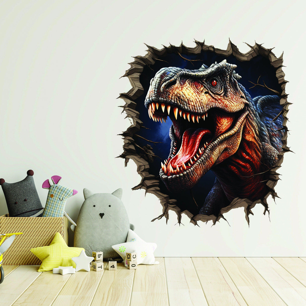 3D dinosaur wall decal creating a cracked wall effect, perfect for kids' rooms and dinosaur enthusiasts.