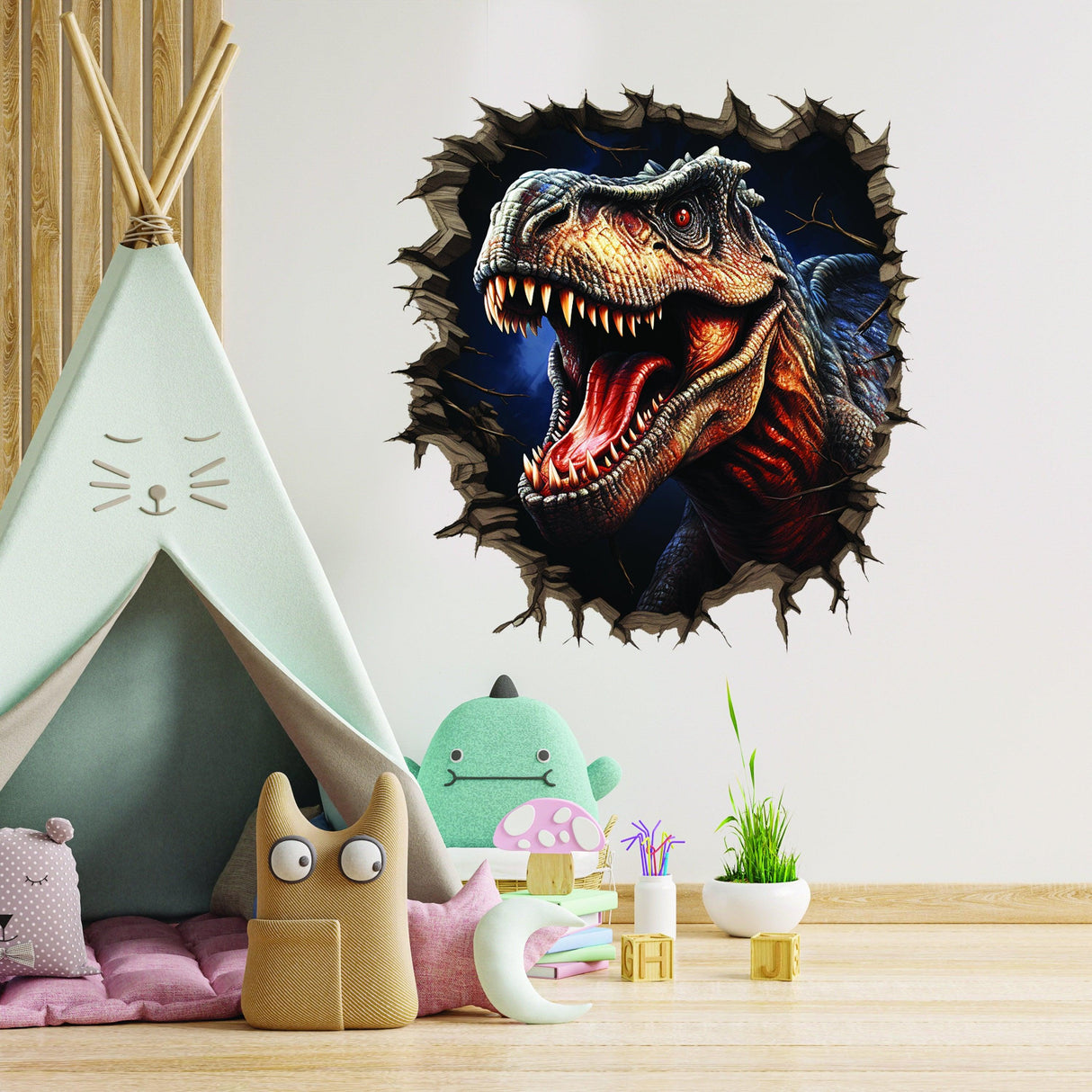 3D dinosaur wall decal with cracked wall effect, perfect for kids' rooms and dinosaur lovers, peel and stick design.