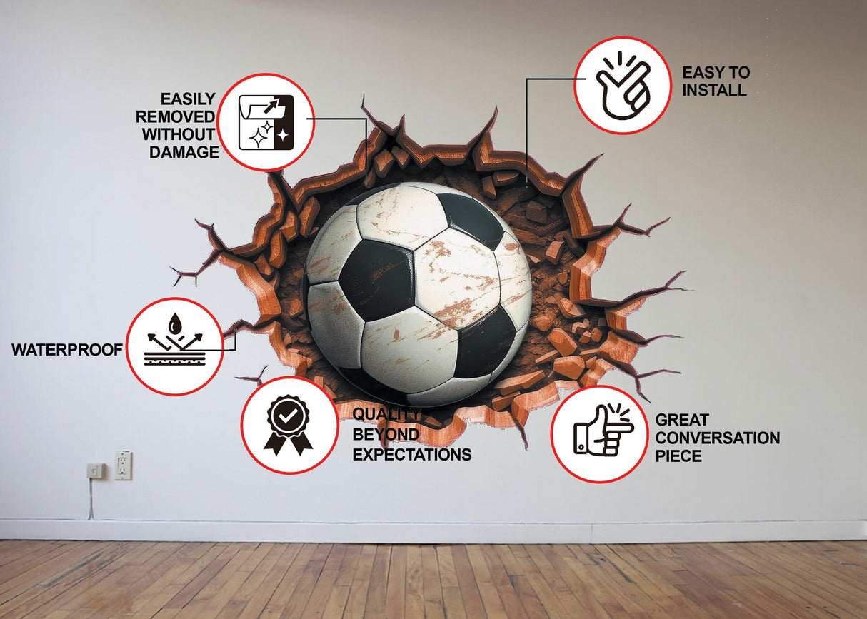 3D football wall decal featuring a soccer ball bursting through the wall with installation benefits listed.