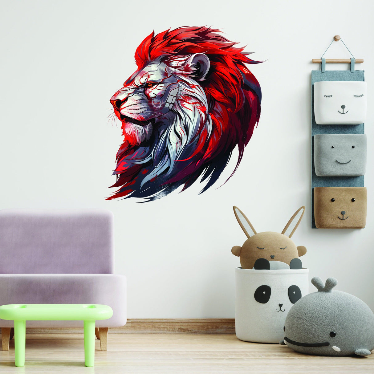 Futuristic cybernetic lion head wall decal with red mane, adding unique art and majesty to any room.