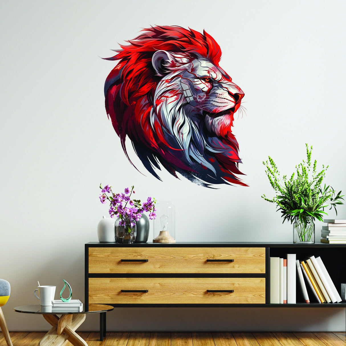 Cybernetic lion head wall decal with red mane in modern living room decor, showcasing futuristic art style.