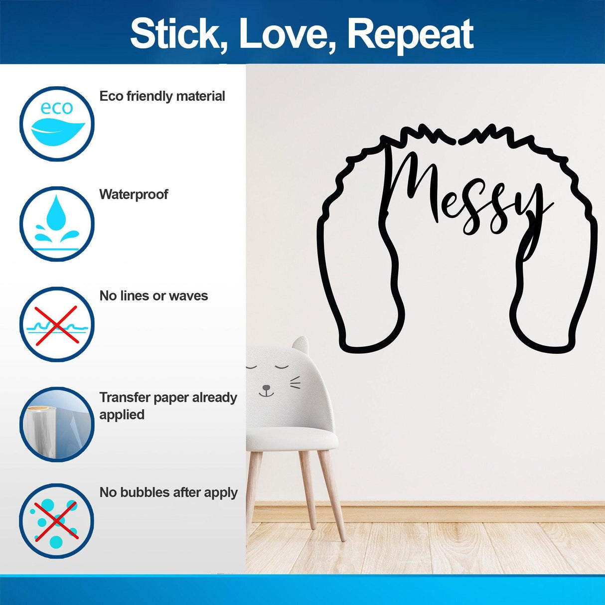 Custom pet ears sticker design featuring the word 'Messy,' showcasing eco-friendly, waterproof features and installation tips.