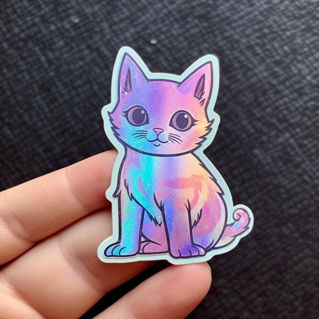 Cute holographic cat sticker held in hand, perfect for decorating water bottles and personal items.