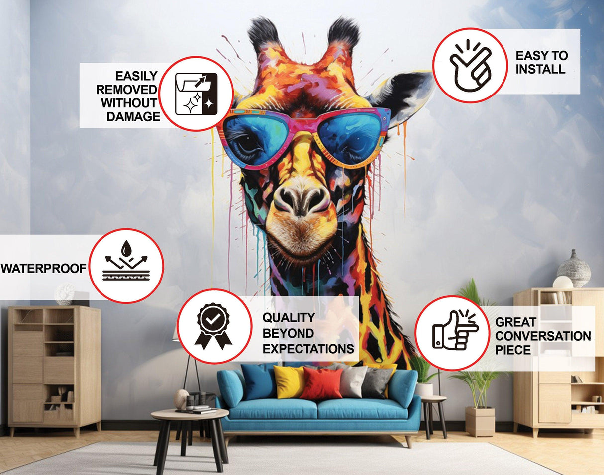 Vibrant giraffe wall decal with sunglasses in a bright children's room, showcasing easy installation and waterproof features.
