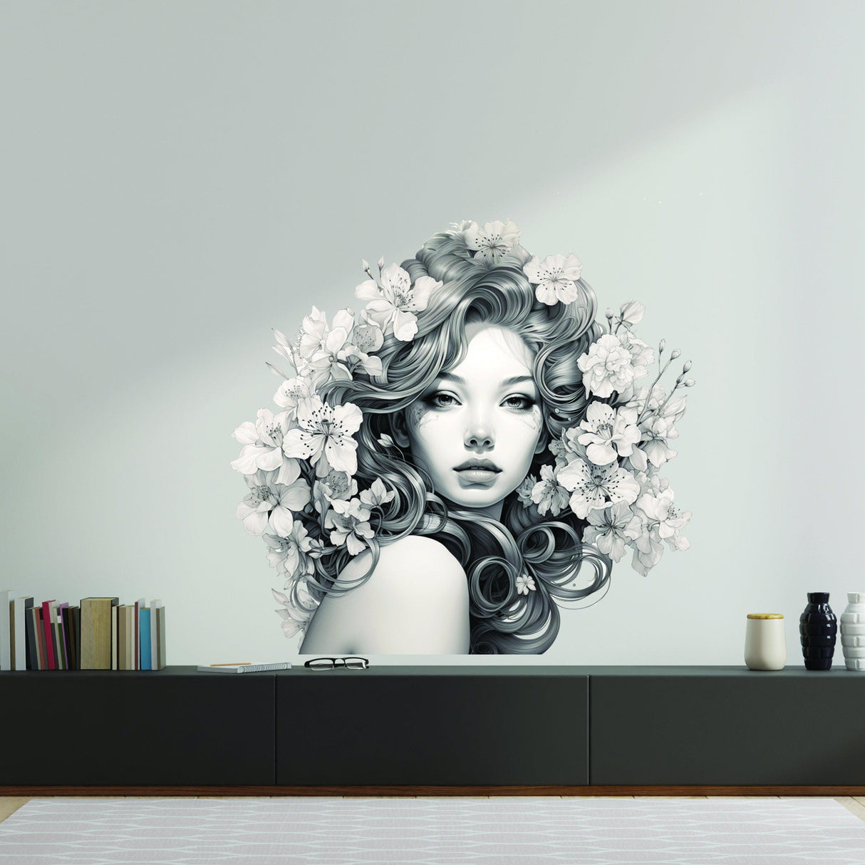Elegant woman with floral mind decal as modern vinyl wall art, enhancing interior decor with nature-inspired design.