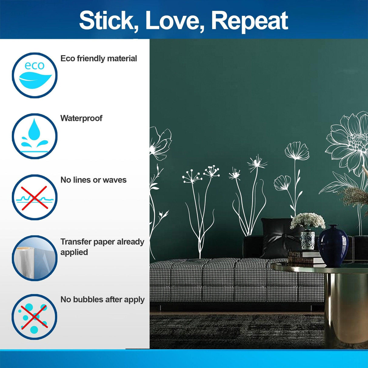 Eco-friendly and waterproof British wildflower wall stickers with no bubbles or waves after application.