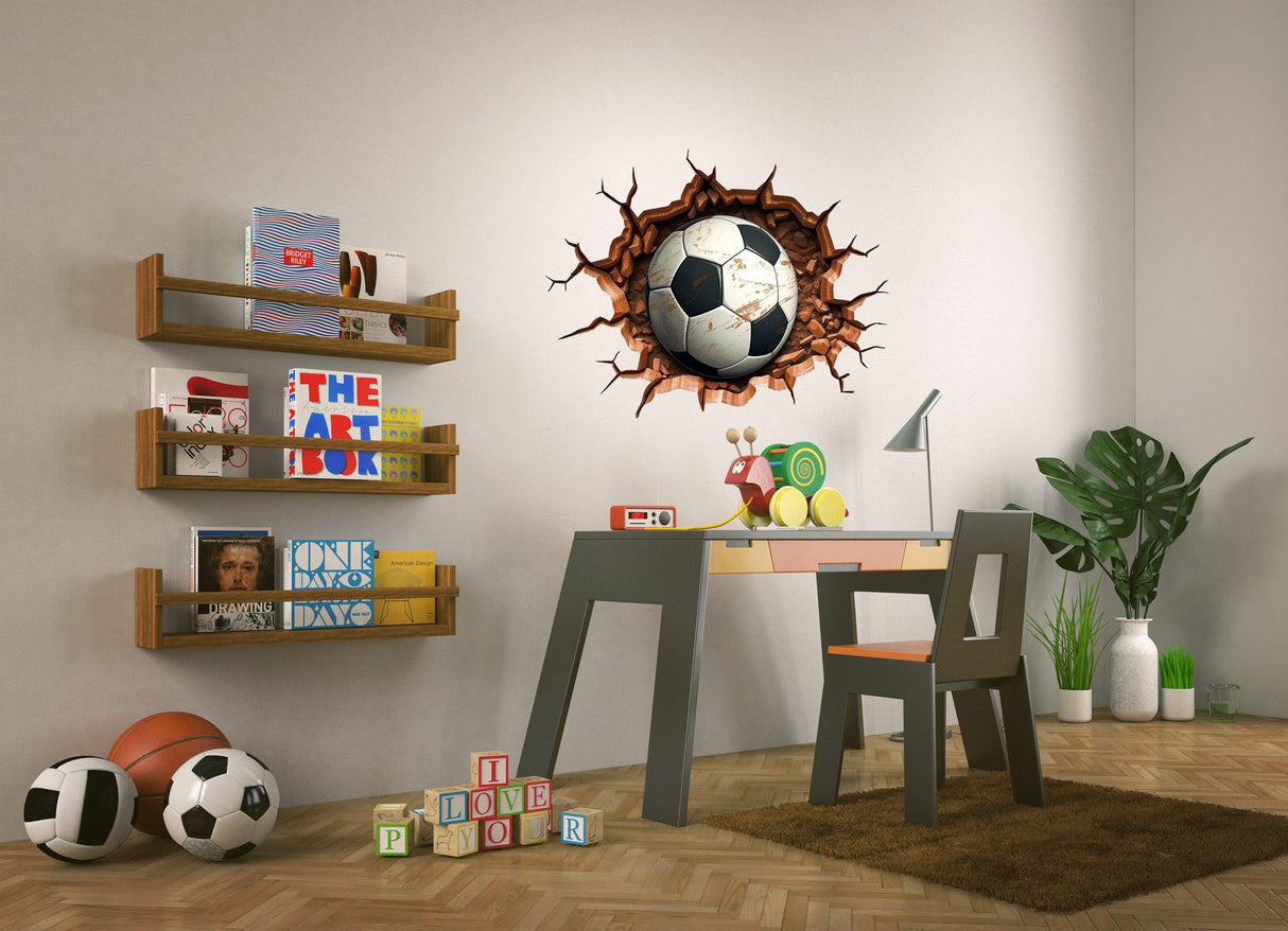 3D football wall decal in a stylish kids room with desk and shelves, perfect for young sports enthusiasts.