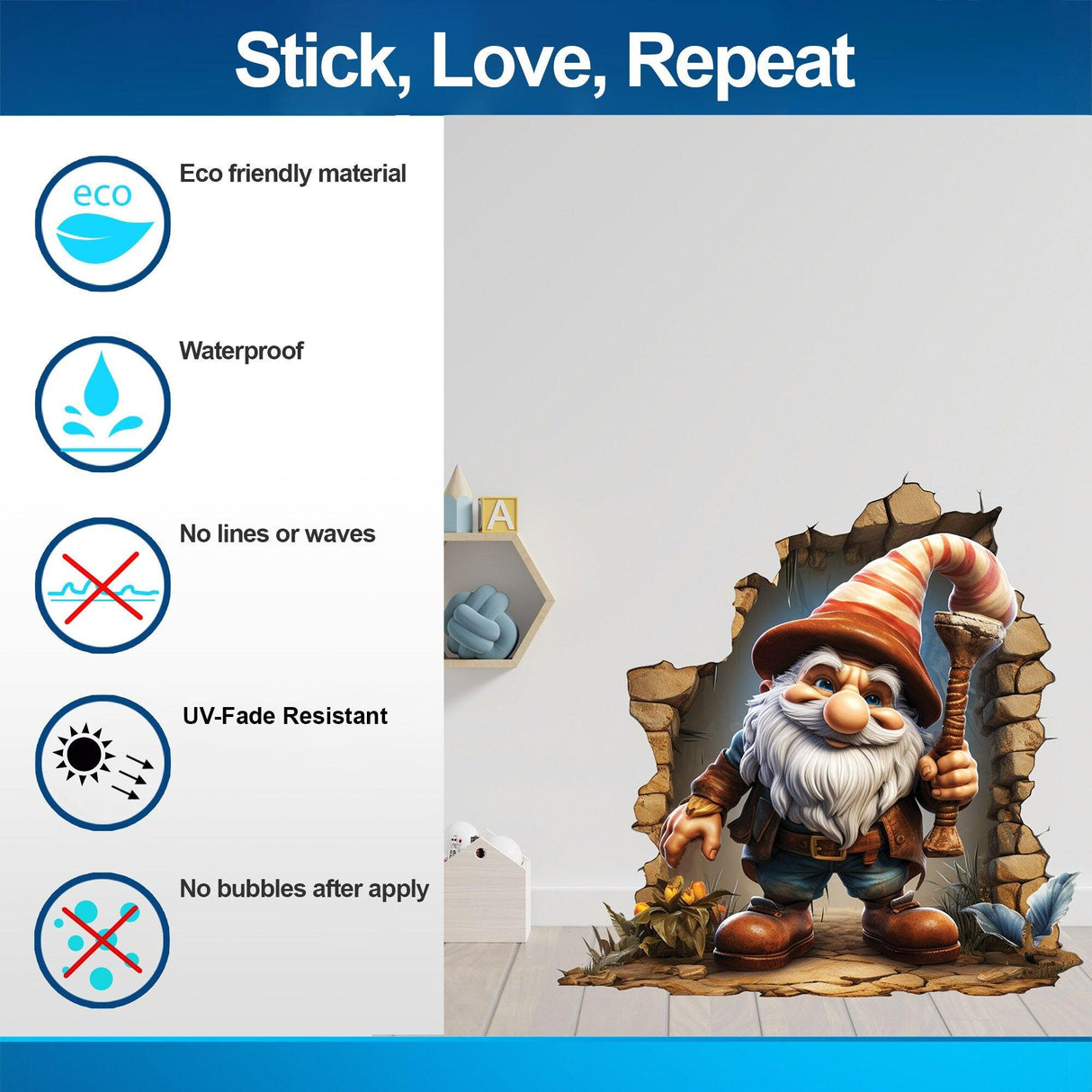 3D gnome wall hole decal showcasing eco-friendly material, waterproof, UV-fade resistant with no bubbles after application.