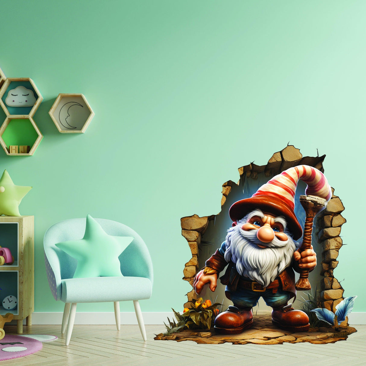3D gnome wall hole decal in a whimsical room, perfect for enchanting home decor.