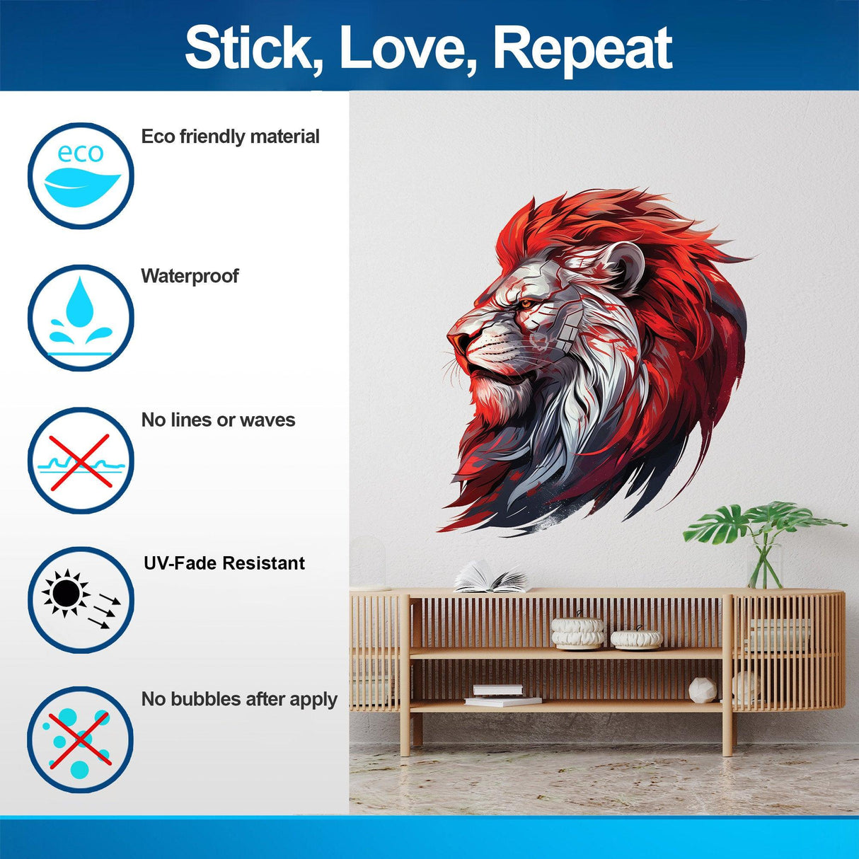 Cybernetic lion head wall decal featuring a red mane, showcasing eco-friendly and waterproof features.