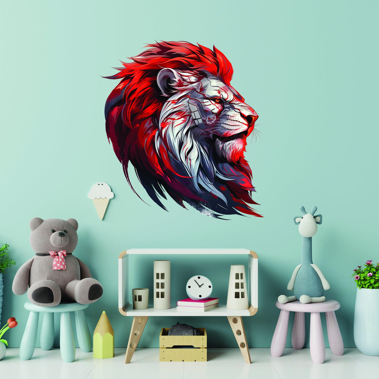 Futuristic lion head wall decal with red mane, adding tech-inspired art to a stylish room decor.