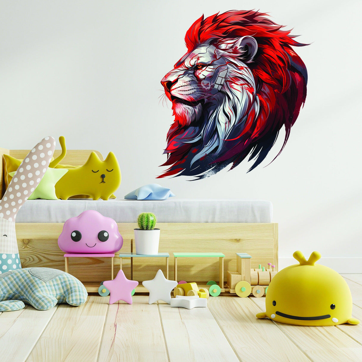 Futuristic red-maned cybernetic lion head wall decal in a stylish kids' room setting.