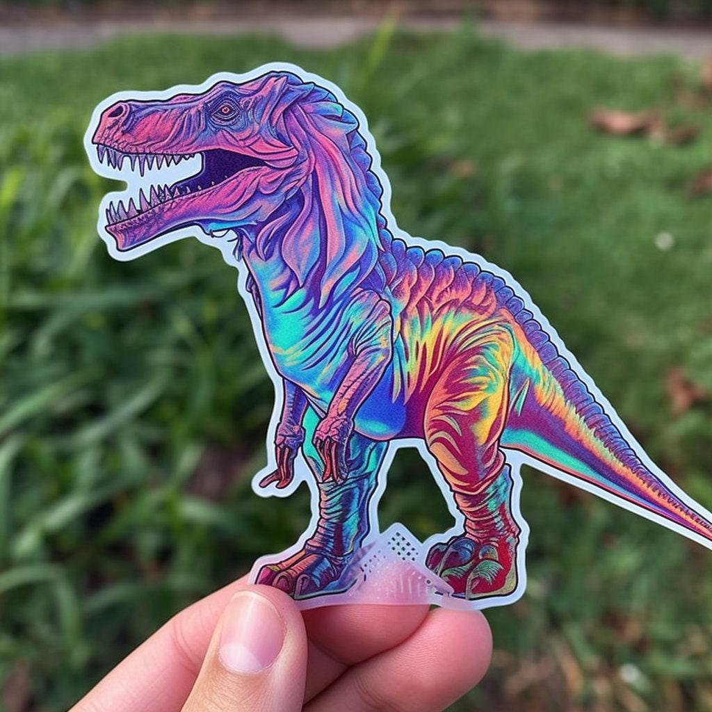 Custom holographic dinosaur decal held against a grassy background, perfect for personalizing items.