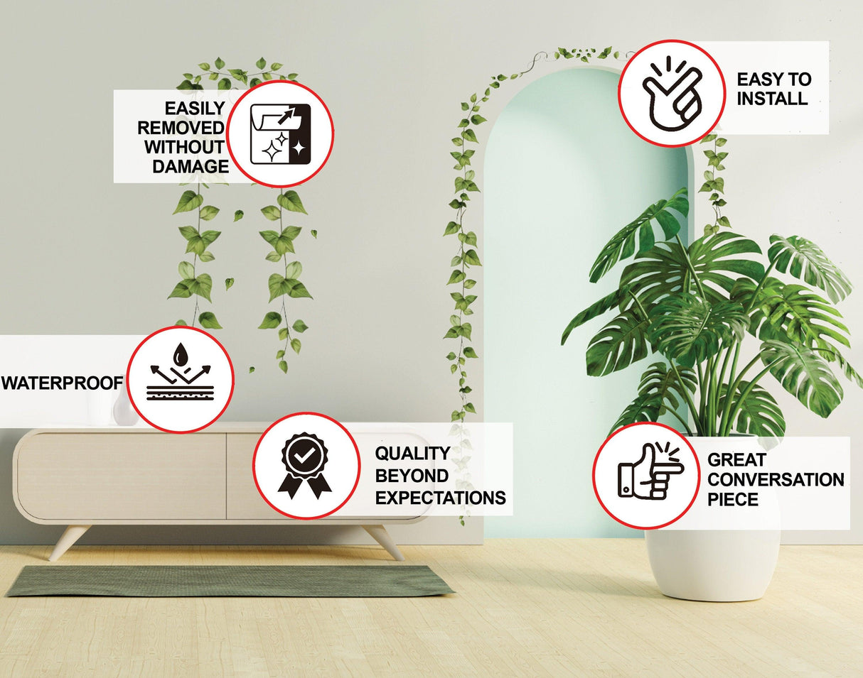 Hanging vine wall sticker with features like easy installation and waterproof quality in a modern living space.