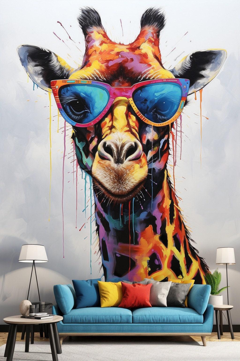 Vibrant watercolor giraffe wall decal with glasses, perfect for toddler room decor.