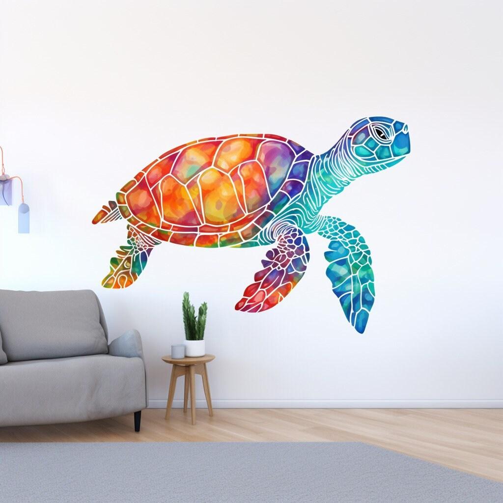 Vibrant rainbow sea turtle wall decal bringing ocean life to home decor, perfect for nurseries and playrooms.