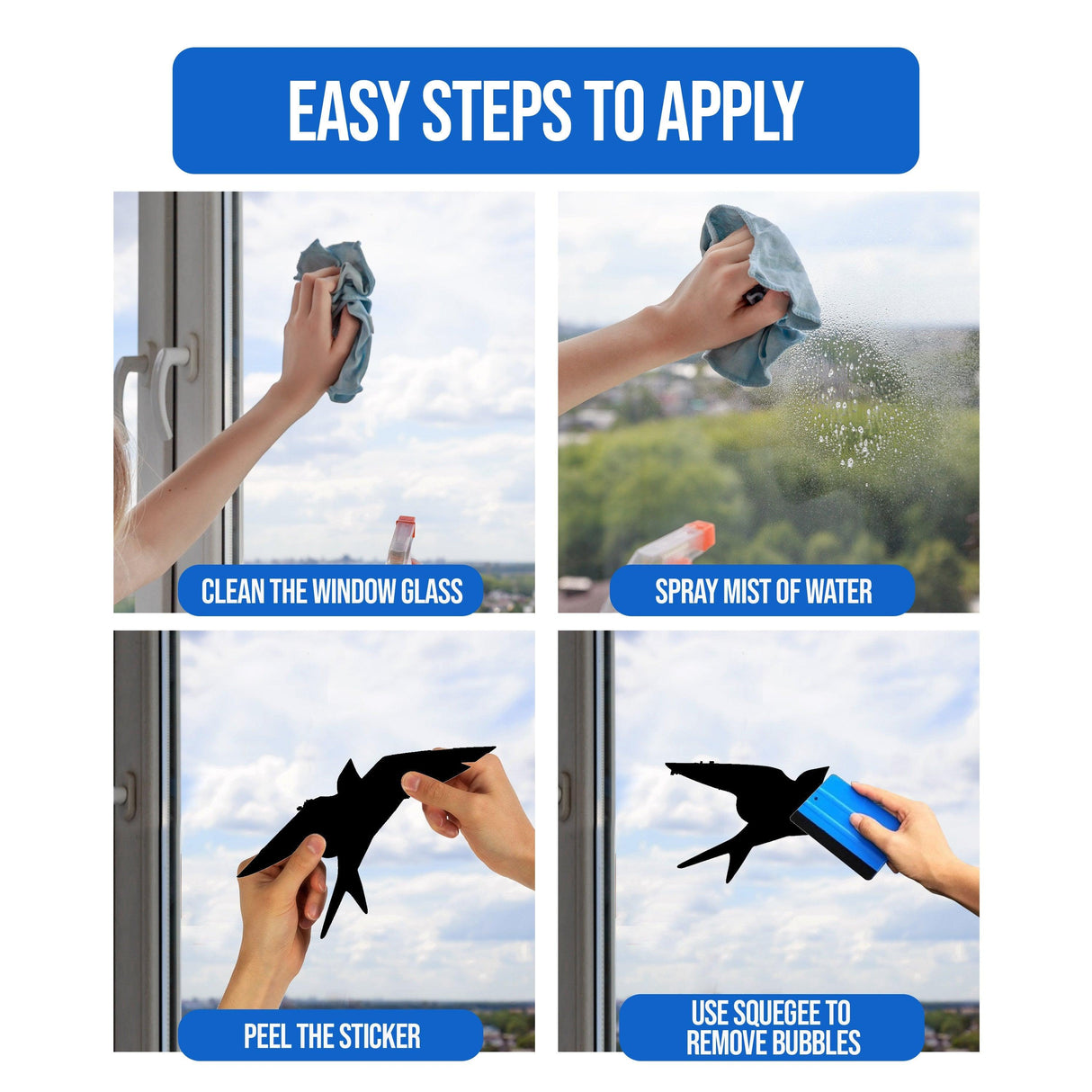 Step-by-step guide to applying bird deterrent window decals, showing cleaning, spraying, peeling, and smoothing.
