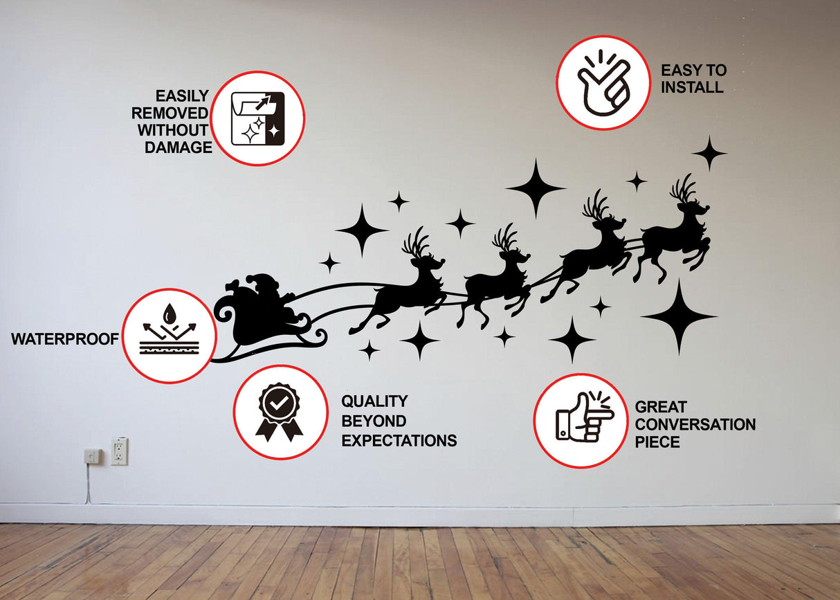 Santa sleigh with reindeer wall decal featuring waterproof and easy installation features for festive decor.