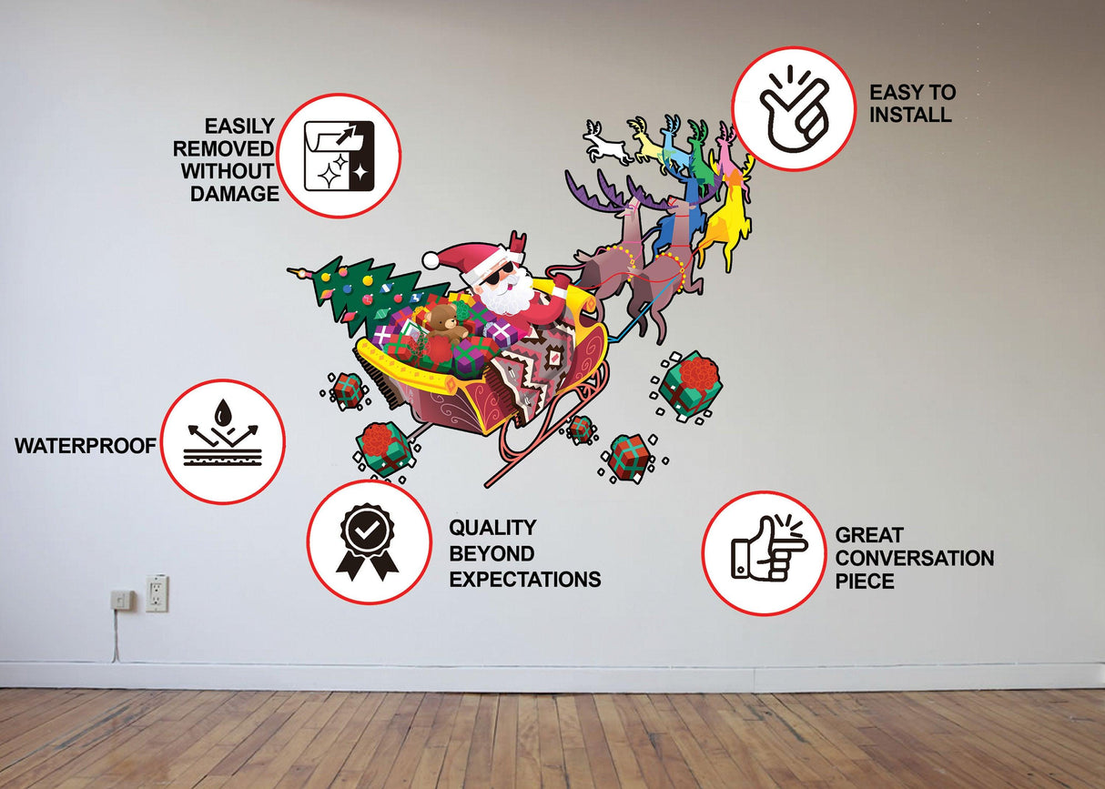 Colorful humorous Santa in glasses riding a sleigh with reindeer, fun Christmas wall decal with features highlighted.