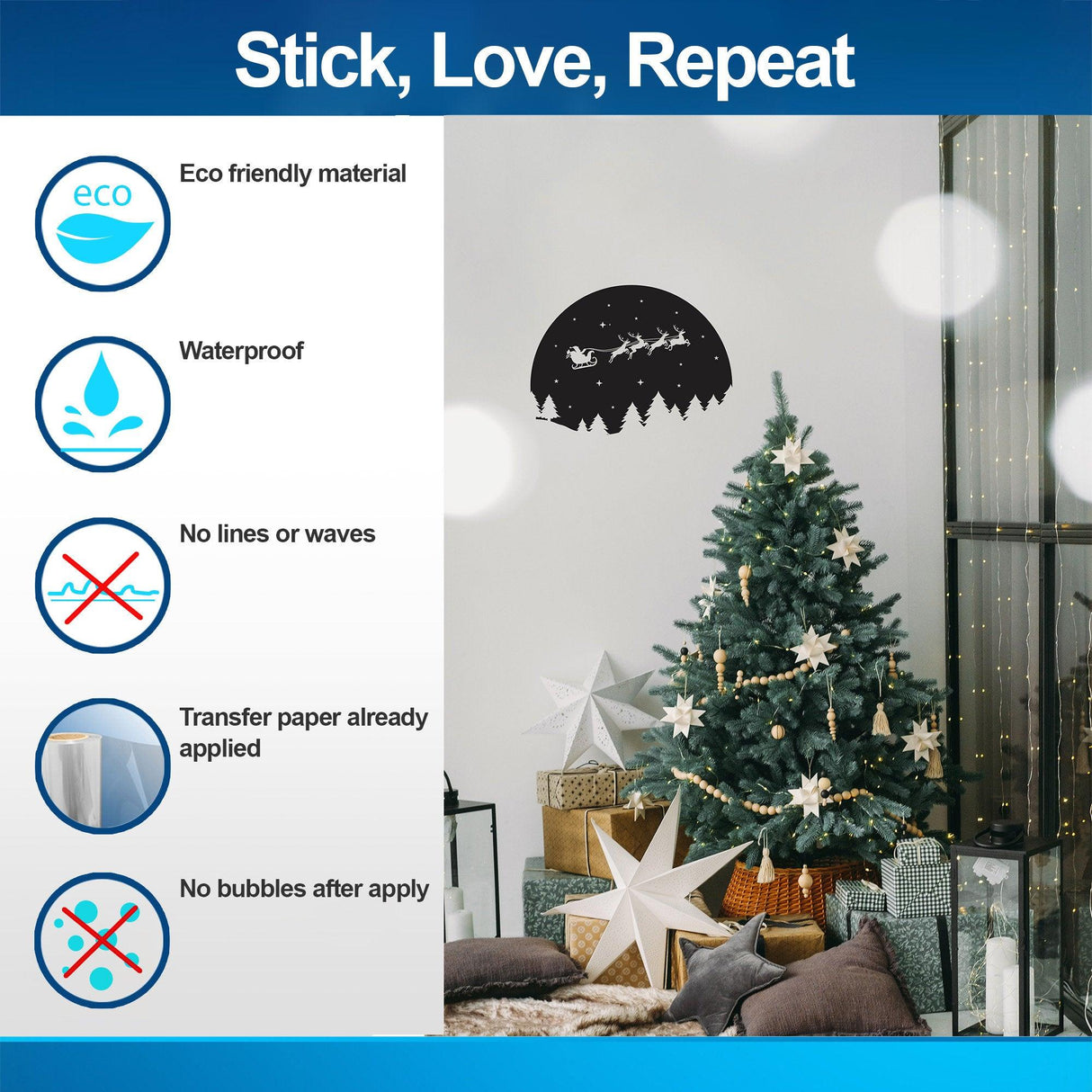 Starry Sky Santa & Sleigh wall decal next to a decorated Christmas tree, highlighting eco-friendly features.