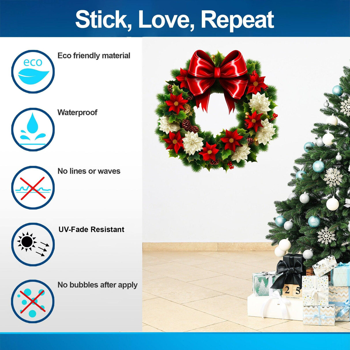 Floral green wreath wall decal featuring a red bow, ideal for Christmas decor, showcasing eco-friendly and waterproof features.