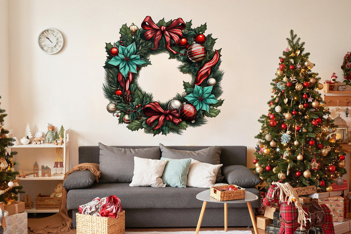 Lifelike Christmas wreath wall decal enhancing holiday decor in cozy living room with festive tree.