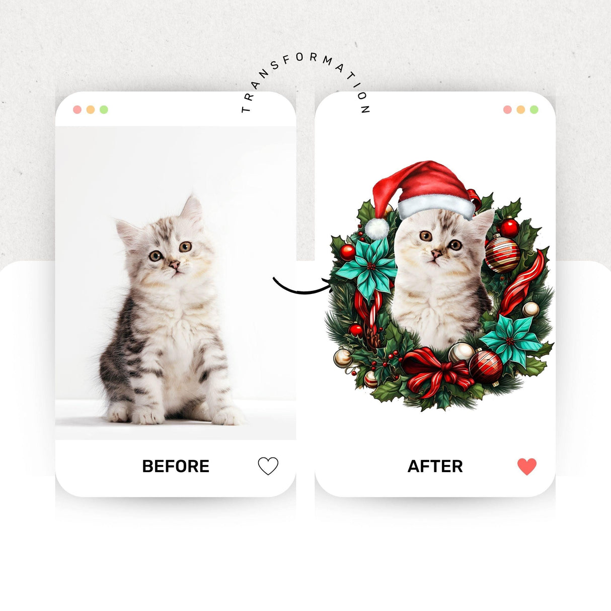 Transformation of a cat photo into a festive Christmas wreath wall decal with a red hat.