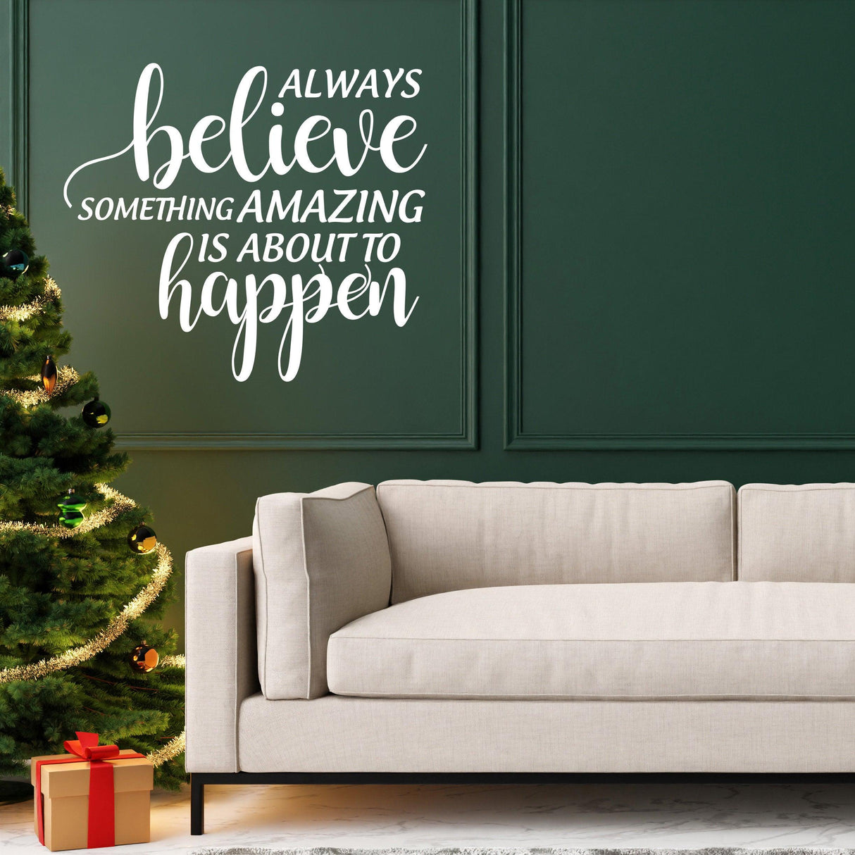 Inspiring Christmas quote vinyl sticker on wall above cozy sofa and festive tree, enhancing holiday spirit in the living room.