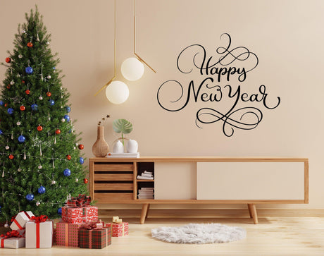 Uplifting New Year quote wall vinyl sticker 'Happy New Year' above a decorated Christmas tree in a stylish living room.