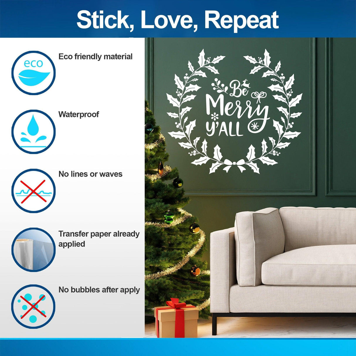 Be Merry y'all eco-friendly vinyl wall sticker with waterproof features, shown in festive living room setting.