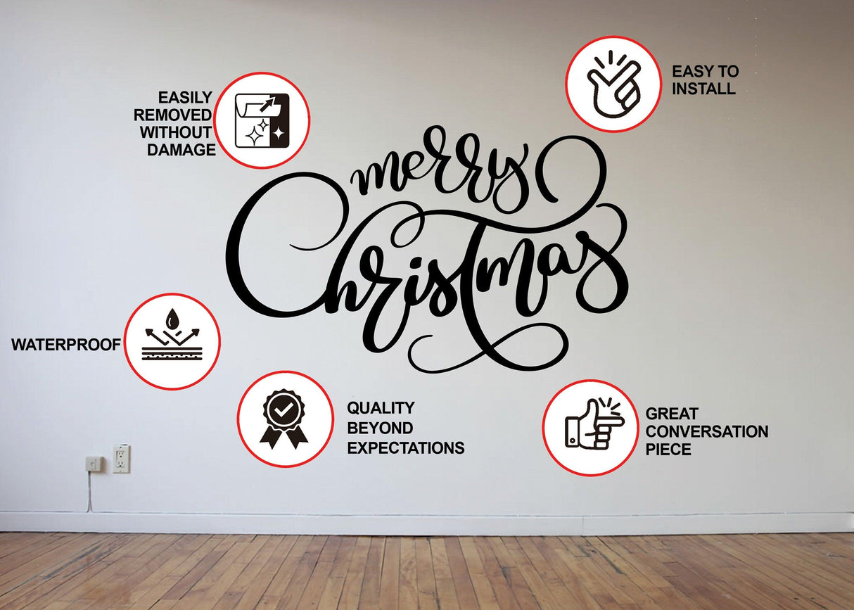 Merry Christmas wall vinyl sticker featuring cursive text with installation features and benefits highlighted.