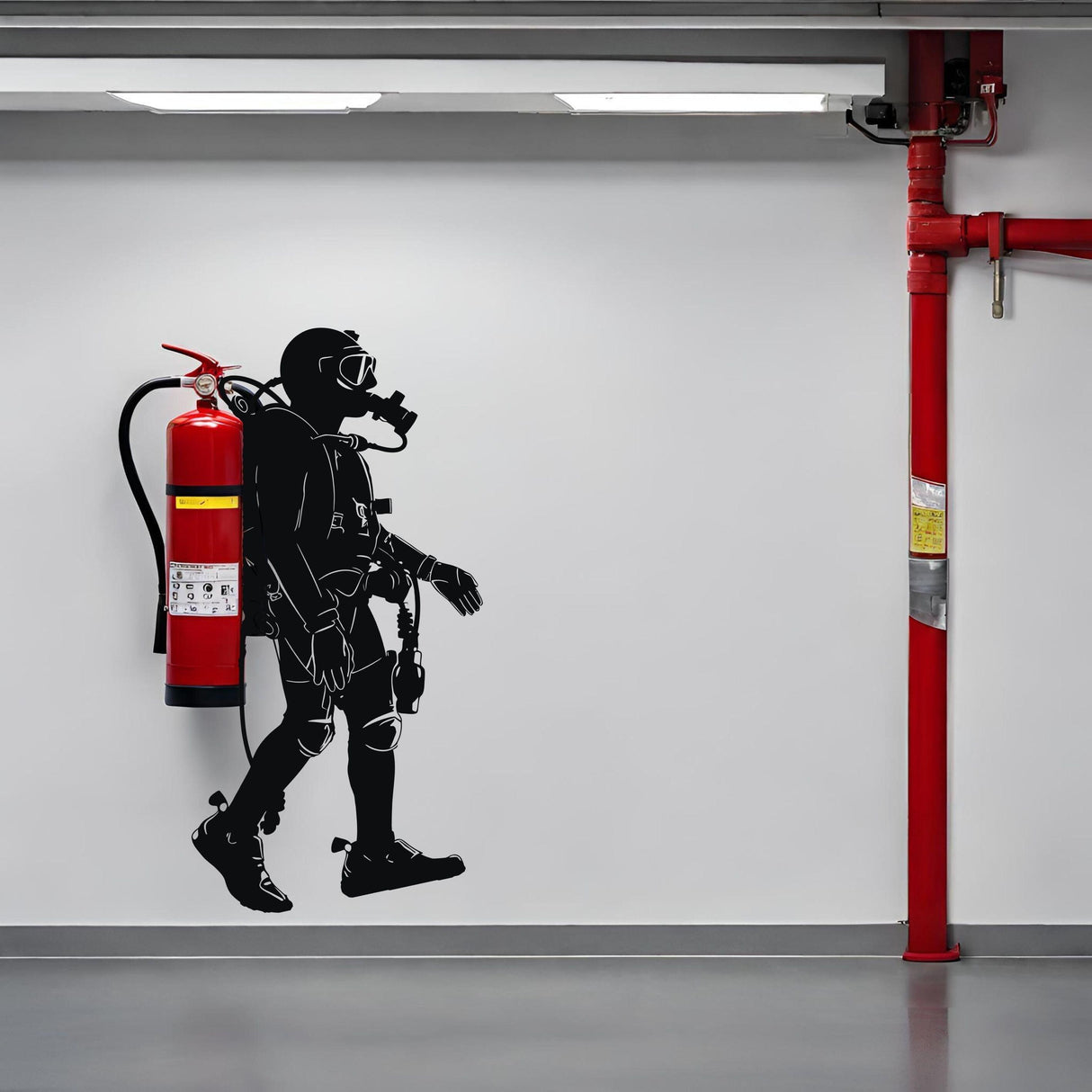 Scuba diver wall sticker silhouette with fire extinguisher, modern decor for any room.