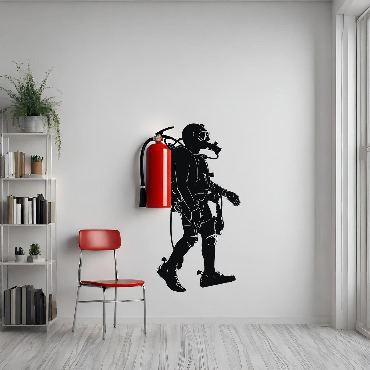Scuba diver wall sticker silhouette with a fire extinguisher on a white wall, adding unique decor to a modern room.