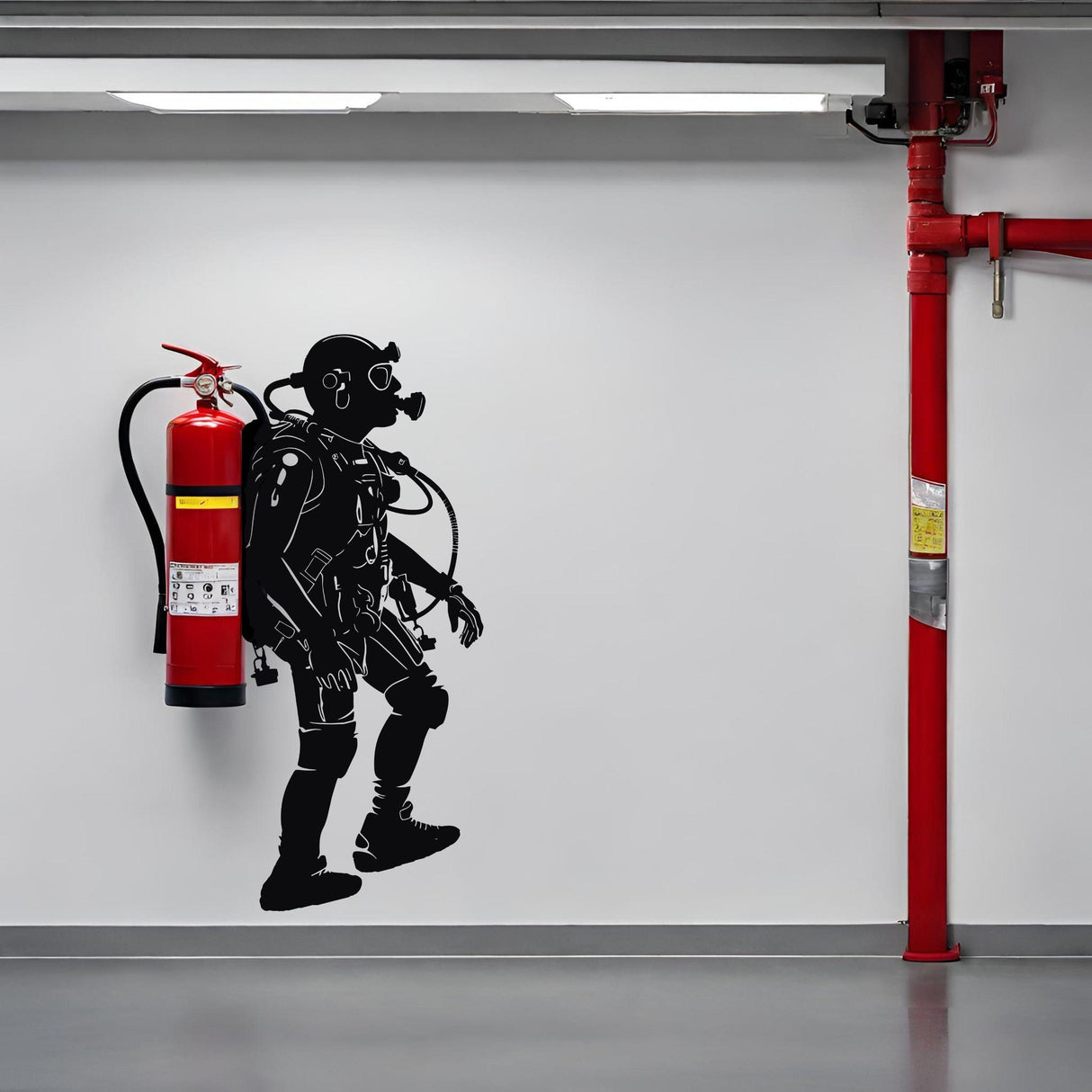 Creative scuba diver silhouette wall sticker alongside a fire extinguisher in a modern interior.
