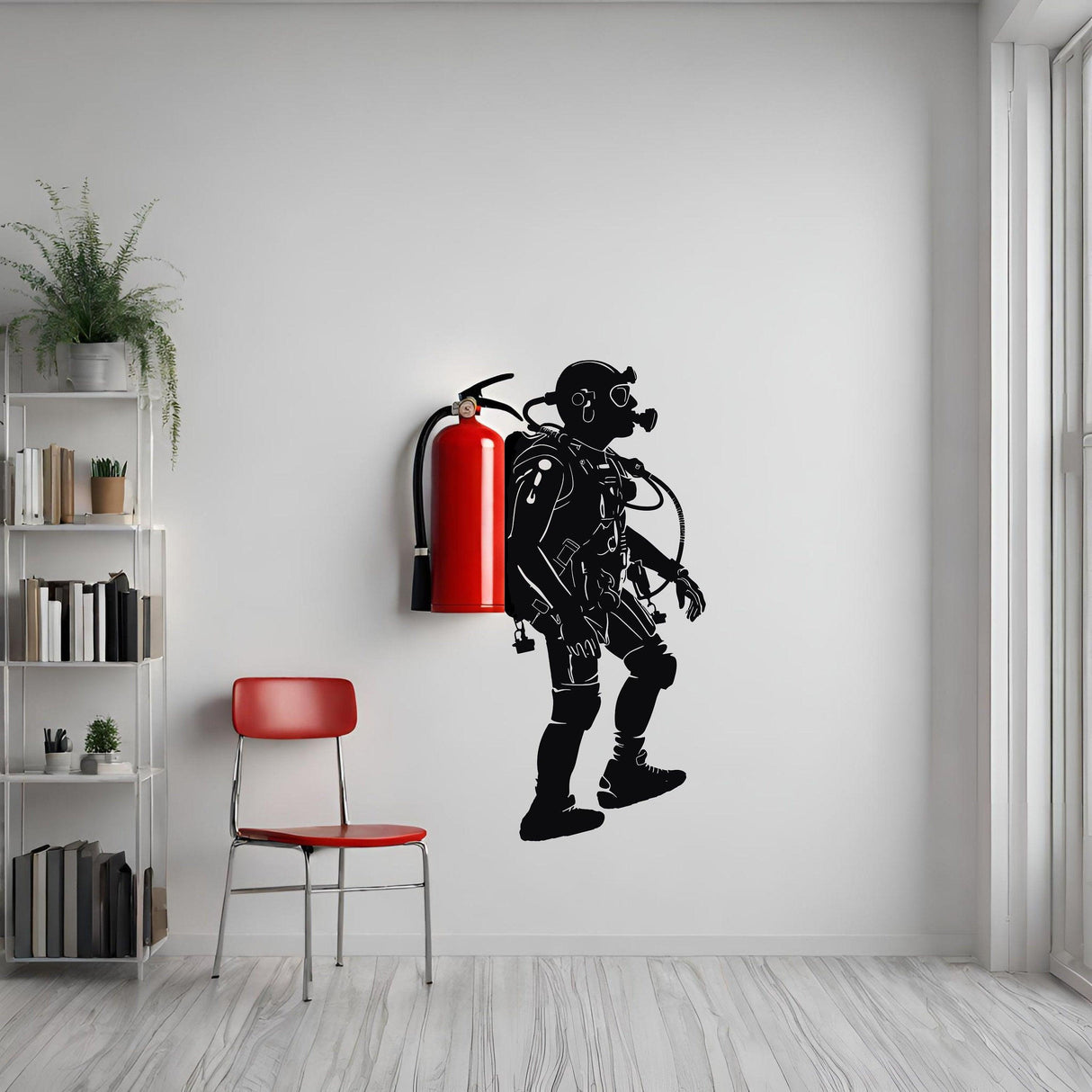 Creative scuba diver silhouette wall sticker next to a red fire extinguisher in a modern room.