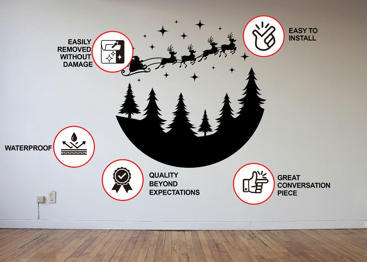 Circular Santa sleigh and deer wall decal with installation benefits and festive design for Christmas decor.