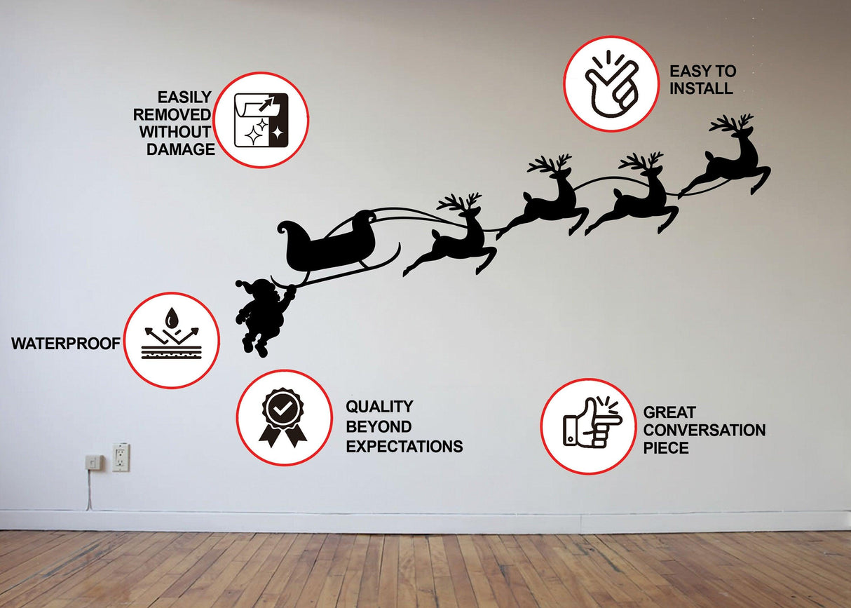 Funny Santa in sleigh with reindeer wall decal showcasing installation features and quality benefits.