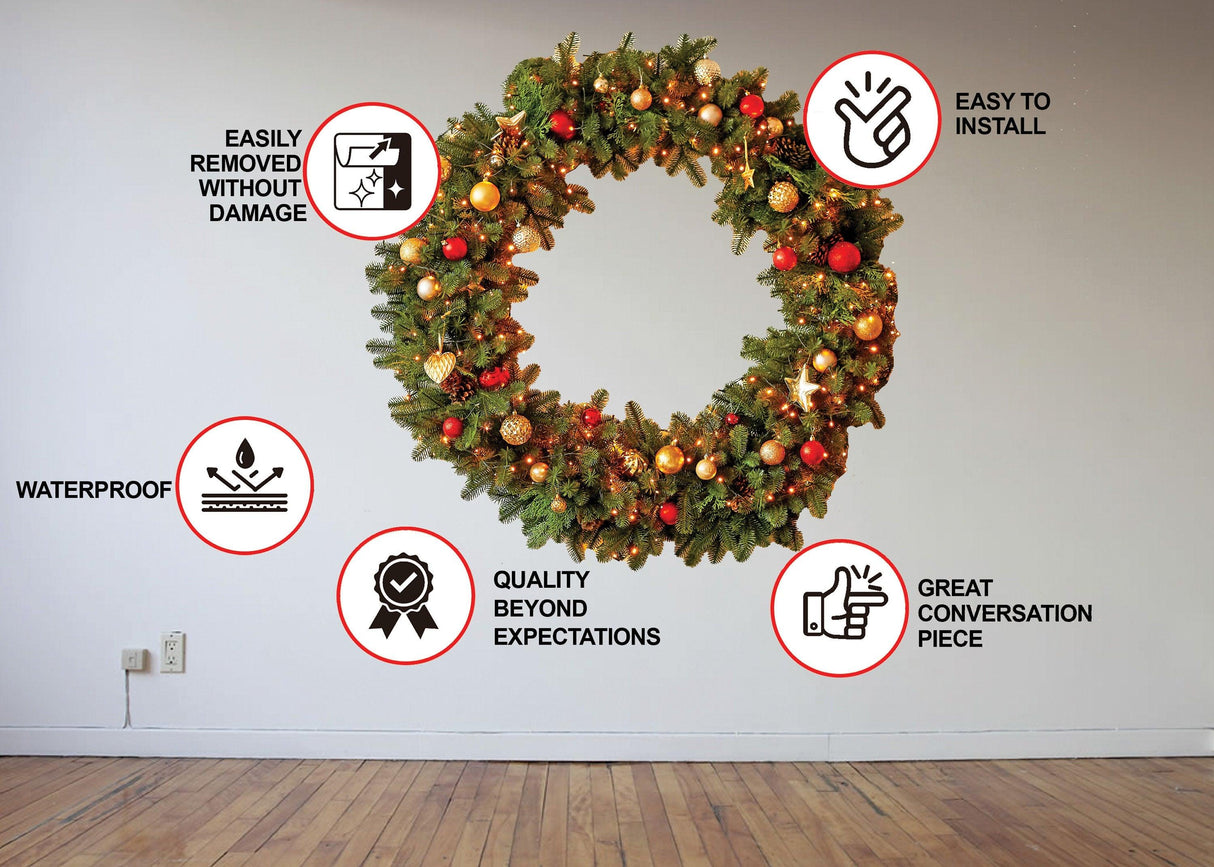 Christmas wreath wall decal with ornaments and lights, waterproof and easy to install, perfect holiday decor.